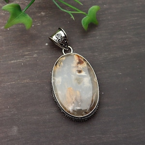 Tiger Dendritic Agate Pendant/ Dendritic Agate Necklace/ Silver Plated Pendant/ Vintage Pendant/ Dendritic Agate Pendant/ Big Agate Necklace