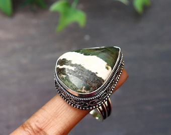 Green Zebra Jasper Ring/ 9 1/4 US Size Ring/Big Green Zebra Jasper Ring/ Silver Plated Vintage Ring/ Original Jasper Ring/ Large Jasper Ring