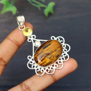 Natural Tiger Eye and Citrine Quartz Pendant/ Silver Plated Pendant/ Tiger Eye Pendant/ Citrine Quartz Pendant/ Tiger Eye  Gemstone Necklace