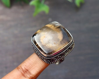 Tiger Dendritic Agate Ring/ 7 US Size Ring/ Big Dendritic Agate Ring/ Silver Plated Vintage Ring/ Original Agate Ring/ Large Agate Ring!