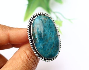 Neon Blue Apatite Ring/ Silver Plated Ring/ Adjustable Ring/ 7 US Size Ring/ Neon Blue Apatite Gemstone Ring/ Blue Apatite Statement ring!