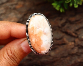 Stunning Pink Scolecite Ring/ Silver Plated Ring/ Scolecite Ring/ 7 US Size Ring/ Pink Scolecite Gemstone Ring/ Scolecite Statement ring