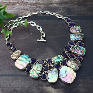 Abalone Shell Gemstone Necklace/ Silver Plated Necklace/ Abalone Bib Necklace/ Abalone Necklace/ Purple Hydro Glass Necklace/Abalone Jewelry