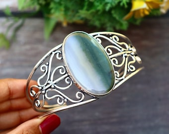 Green Zebra Jasper Bangle/ Silver Plated Bangle/ Original Zebra Jasper Bracelet/ Green Zebra Jasper Cuff Bracelet/Green Zebra Jasper Jewelry