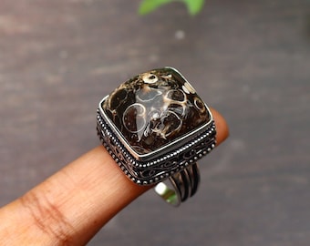 Beautiful Turritella Agate Ring/ 9 US Size Ring/ Big Agate Ring/ Silver Plated Ring/ Vintage Turritella Agate Ring/ Large Agate Ring