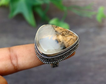 Tiger Dendritic Agate Ring/ 8 US Size Ring/ Big Dendritic Agate Ring/ Silver Plated Vintage Ring/ Original Agate Ring/ Large Agate Ring!