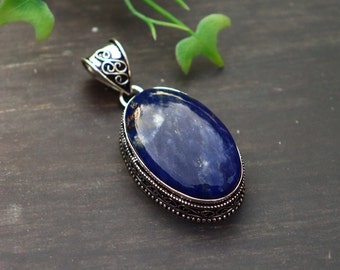 Sodalite Pendant/ Sodalite Necklace/ Silver Plated Pendant/ Vintage Pendant/ Large Sodalite Pendant/ Big Sodalite Necklace/ Sodalite Jewelry