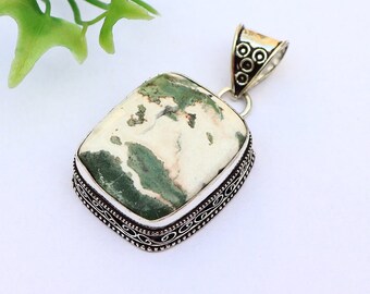 Green Zebra Jasper Necklace/ Zebra Jasper Pendant/ Silver Plated Pendant/ Vintage Pendant/ Large Green Zebra Jasper Pendant/ Jasper Necklace