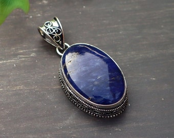 Sodalite Pendant/ Sodalite Necklace/ Silver Plated Pendant/ Vintage Pendant/ Large Sodalite Pendant/ Big Sodalite Necklace/ Sodalite Jewelry