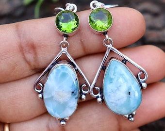 Larimar and Green Hydro Glass Earring/Silver Plated Earring/Larimar Earring/Green Hydro Glass Earring/Drop Earring/Original Larimar Earring!