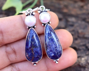 Sodalite and Pearl Earring, Silver Plated Earring, Sodalite Earring, Fresh Water Pearl Earring, Dangle & Drop Earring/Original Pearl Earring