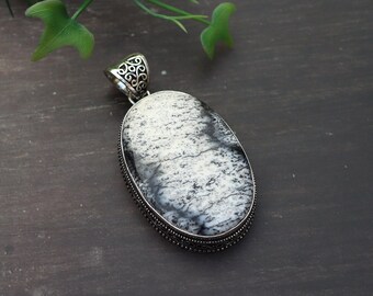 Dendritic Agate Pendant/ Dendritic Agate Necklace/ Silver Plated Pendant/ Vintage Pendant/ Large Dendritic Agate Pendant/ Big Agate Necklace