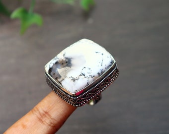 Beautiful Dendritic Agate Ring/ 8 US Size Ring/ Big Dendritic Agate Ring/ Silver Plated Vintage Ring/ Original Agate Ring/ Large Agate Ring