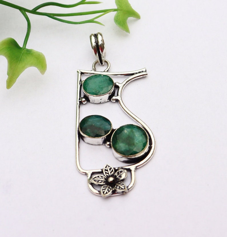Green Emerald Pendant/ Emerald Necklace/ Silver Plated Pendant/ Synthetic Green Emerald Pendant/ Gemstone Pendant/ Green Emerald Jewelry image 1