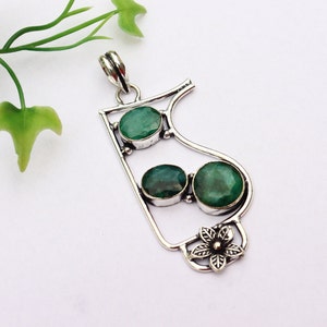 Green Emerald Pendant/ Emerald Necklace/ Silver Plated Pendant/ Synthetic Green Emerald Pendant/ Gemstone Pendant/ Green Emerald Jewelry image 2