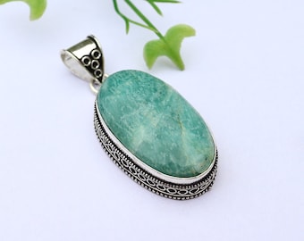 Amazonite Pendant/ Amazonite Necklace/ Silver Plated Pendant/ Vintage Amazonite Pendant/ Large Amazonite Pendant/ Big Amazonite Necklace