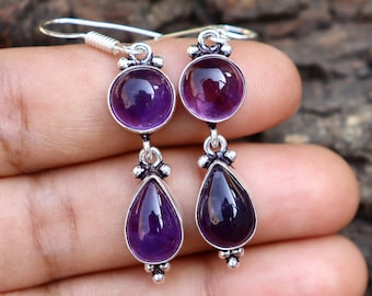 Natural Amethyst Earring, Silver Plated Earring/ Purple Amethyst Earring/ Original Amethyst Earring/ Dangle & Drop Earring/ Amethyst Jewelry