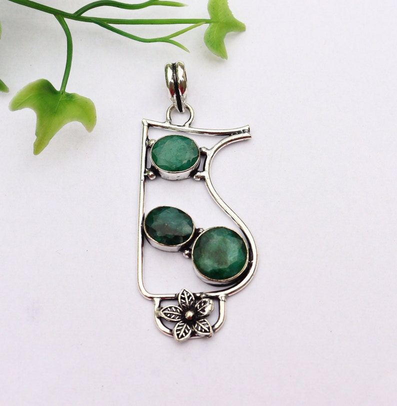 Green Emerald Pendant/ Emerald Necklace/ Silver Plated Pendant/ Synthetic Green Emerald Pendant/ Gemstone Pendant/ Green Emerald Jewelry image 3