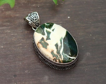 Green Zebra Jasper Necklace/ Zebra Jasper Pendant/ Silver Plated Pendant/ Vintage Pendant/ Large Green Zebra Jasper Pendant/ Jasper Necklace