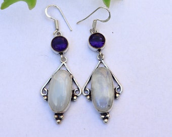 Moonstone and Amethyst Earring, Silver Plated Earring, Moonstone Earring, Purple Amethyst Earring, Drop Earring, Original Moonstone Earring!