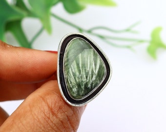 Natural Seraphinite Ring/ Adjustable Ring/ 7 US Size Statement Ring/ Big Seraphinite Ring/ Seraphinite Statement Ring/ Silver Plated Ring