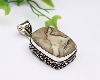 Wave Jasper Pendant/ Wave Jasper Necklace/ Silver Plated Pendant/ Vintage Pendant/ Large Wave Jasper Pendant/ Big Wave Jasper Necklace