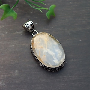 Dendritic Agate Pendant/ Dendritic Agate Necklace/ Silver Plated Pendant/ Vintage Pendant/ Large Dendritic Agate Pendant/ Big Agate Necklace