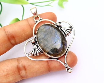 Labradorite Pendant/ Silver Plated Pendant/ Original Blue Fire Laborite Pendant/ Large Labradorite Pendant/ Big Laborite/Labradorite Jewelry