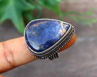 Beautiful Sodalite Ring/ 9 US Size Ring/ Big Sodalite Ring/ Silver Plated/ Vintage Ring/ Vintage Sodalite Ring/ Large Blue Sodalite Ring