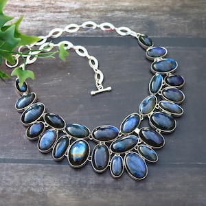 Stunning Labradorite Necklace/ Silver Plated Necklace/ Labradorite Bib Necklace/ Labradorite Cluster Necklace/Statement Labradorite Necklace