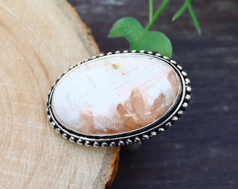 Stunning Pink Scolecite Ring/ Silver Plated Ring/ Scolecite Ring/ 7 1/2 US Size Ring/ Pink Scolecite Gemstone Ring/ Scolecite Statement ring