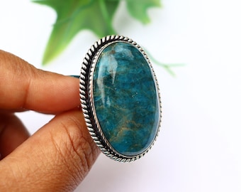 Neon Blue Apatite Ring/ Silver Plated Ring/ Adjustable Ring/ 7 1/2 US Size Ring/ Neon Blue Apatite Gemstone Ring/ Apatite Statement ring!