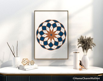 Blue Orange White Mandala Wall Art Digital Download, Kolam Mandala Printable, Indian Mural Mandala Design, Abstract Modern Minimal Wall Art