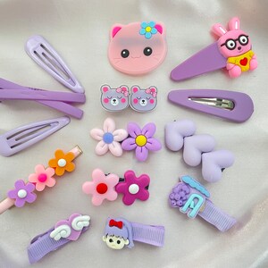 Set of 12 Toddler Hair Accessories, Bows, Hair Pins, Butterfly, Barbie, Floral, Assorted Characters Purple Bunny