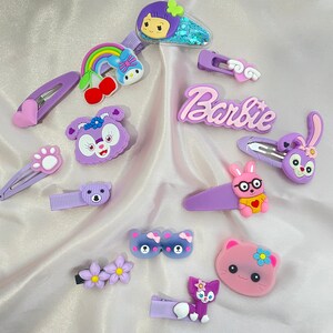 Set of 12 Toddler Hair Accessories, Bows, Hair Pins, Butterfly, Barbie, Floral, Assorted Characters Purple Barbie