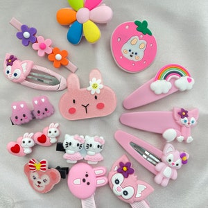 Set of 12 Toddler Hair Accessories, Bows, Hair Pins, Butterfly, Barbie, Floral, Assorted Characters Pink Fox & Bunny