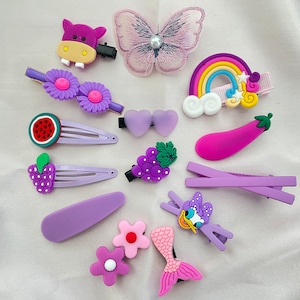 Set of 12 Toddler Hair Accessories, Bows, Hair Pins, Butterfly, Barbie, Floral, Assorted Characters Violet Butterfly