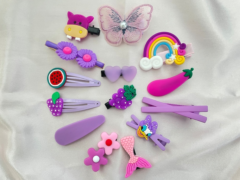 Set of 12 Toddler Hair Accessories, Bows, Hair Pins, Butterfly, Barbie, Floral, Assorted Characters Violet Butterfly