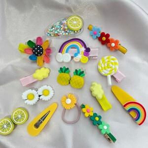 Set of 12 Toddler Hair Accessories, Bows, Hair Pins, Butterfly, Barbie, Floral, Assorted Characters Yellow Pineapple