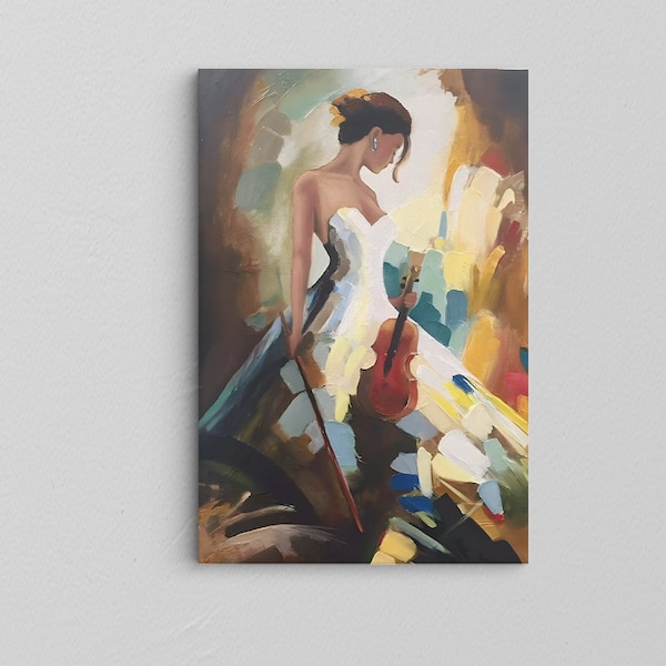 Belle femme en robe blanche jouant de l’impression de violon / Fille jouant du violon peinture toile / Cadeau de la Saint-Valentin / Instrument Poster Art