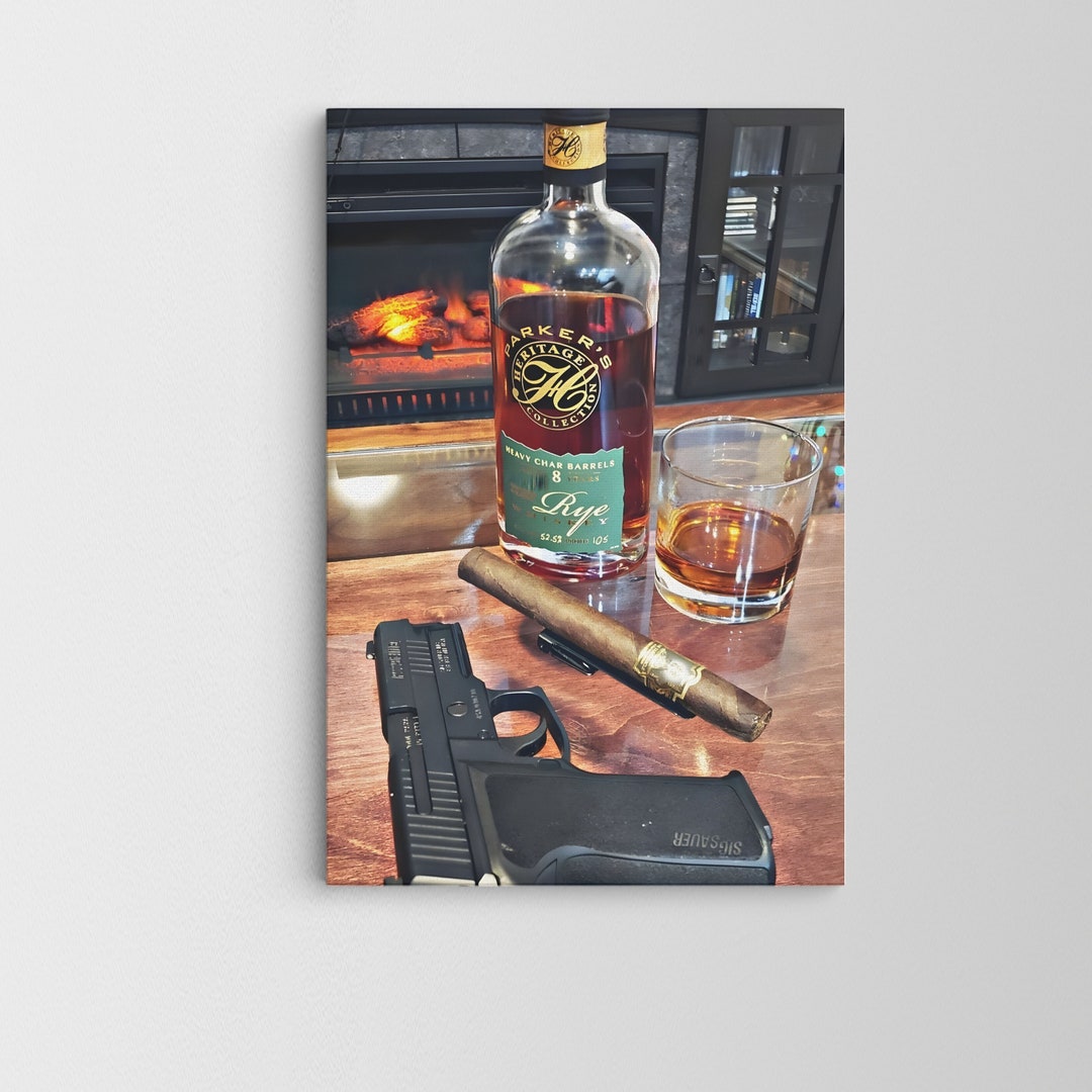 Gangster Wall Art / Whiskey / Gun Canvas / Office Decor / Oil Paint Art