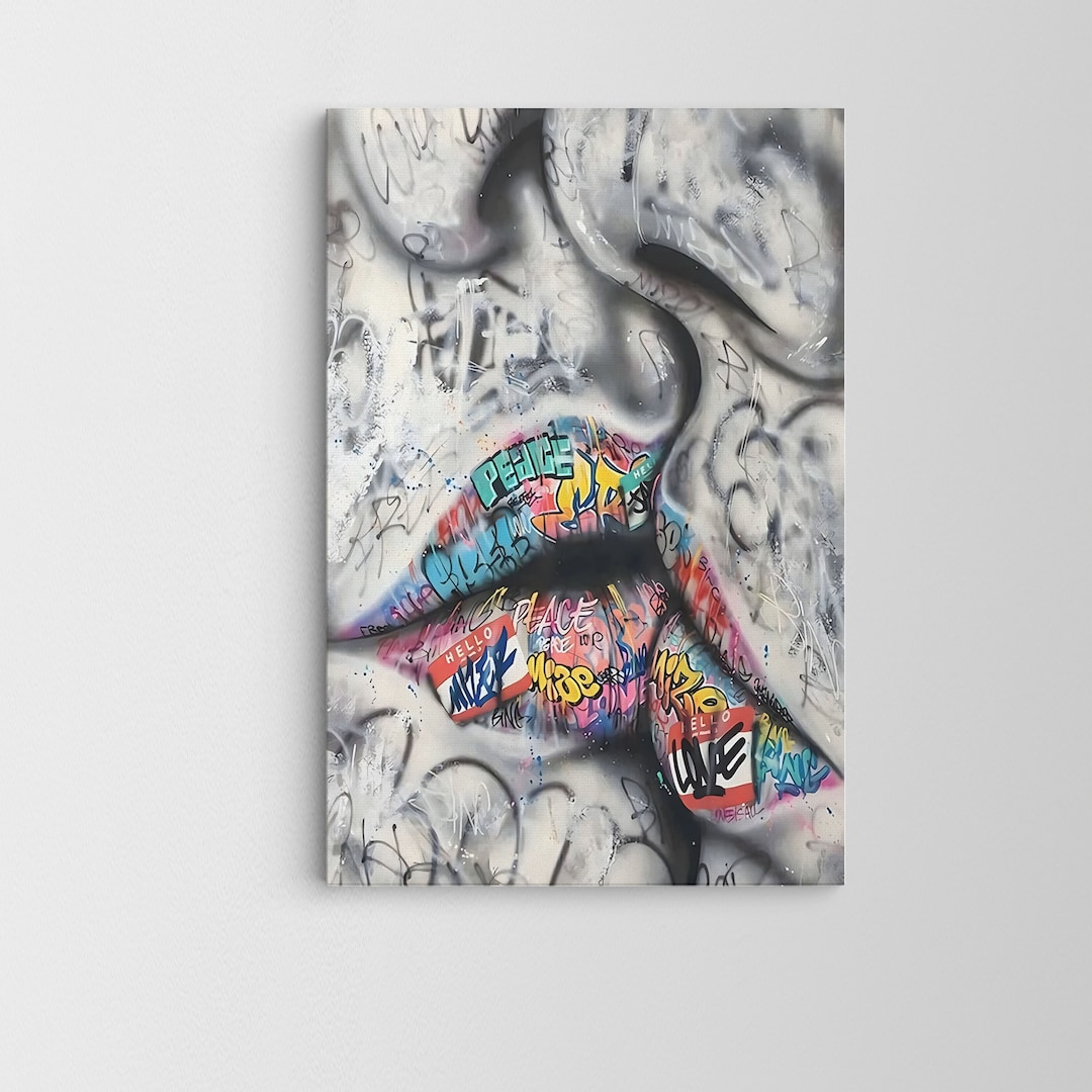 Love and Kissing Wall Art / Lips Wall Decor / Banksy / Graffiti Canvas