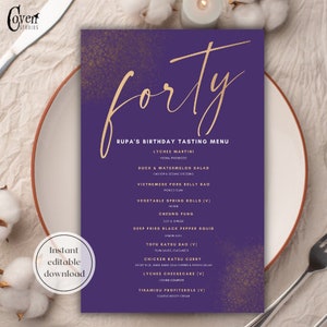 4OTH Birthday Celebration Menu Card Online Editable Template, Printable Purple, Gold , Table Menus, FORTY, Downloadable menu