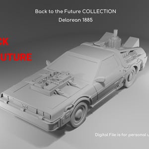 May include: A light grey 3D model of the DeLorean time machine, as seen in the film "Back to the Future". The model shows the car's distinctive features, including the gull-wing doors and engine details. The image includes the text "Back to the Future Collection" and "Delorean 1885."