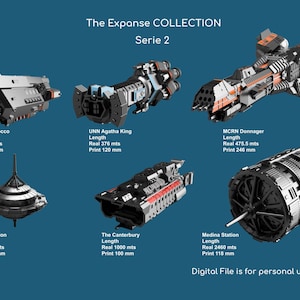 Könnte beinhalten: Eine digitale Dateisammlung von sechs 3D-gedruckten Modellen von Raumschiffen aus der TV-Serie The Expanse. Die Modelle umfassen die MCRN Scirocco, die UNN Agatha King, die MCRN Donnager, die Tycho-Station, die Canterbury und die Medina-Station. Die Modelle sind in verschiedenen Grautönen, Schwarz, Orange und Rot gedruckt.