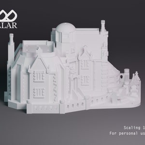 K&ouml;nnte beinhalten: Wei&szlig;es 3D-gedrucktes Modell eines detaillierten, mehrst&ouml;ckigen Geb&auml;udes mit einem Kuppeldach. Das Modell ist 6,5 cm hoch und hat eine Skalierung von 1 mm:1 Fu&szlig;. Der Text "Scaling 1mm:1ft For personal use ONLY" ist unter dem Modell gedruckt.
