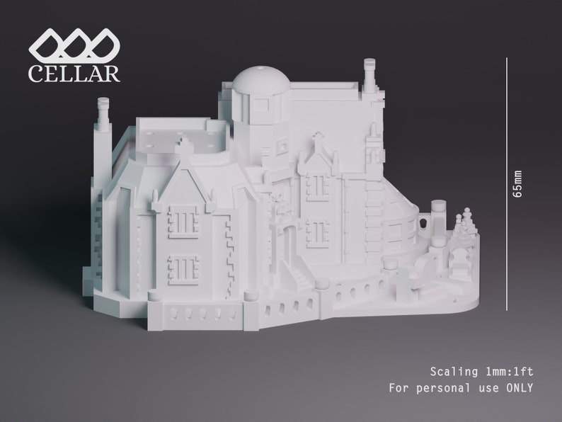 K&ouml;nnte beinhalten: Wei&szlig;es 3D-gedrucktes Modell eines detaillierten, mehrst&ouml;ckigen Geb&auml;udes mit einem Kuppeldach. Das Modell ist 6,5 cm hoch und hat eine Skalierung von 1 mm:1 Fu&szlig;. Der Text "Scaling 1mm:1ft For personal use ONLY" ist unter dem Modell gedruckt.