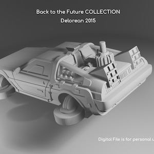 May include: A grayscale 3D model of a DeLorean time machine from the "Back to the Future" collection. The model features intricate details, including the car's gull-wing doors and rear-mounted flux capacitor. The text "Digital File is for personal use ONLY" is visible.