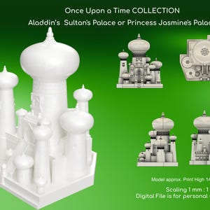 Peut inclure: Modèle blanc en 3D du palais du sultan d'Aladin ou du palais de la princesse Jasmine, avec plusieurs dômes et tours. L'image comprend le texte "Once Upon a Time COLLECTION" et "CELLAR". Le modèle mesure environ 14,5 cm de haut.