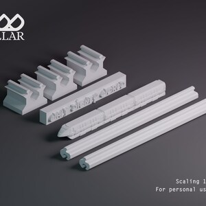 K&ouml;nnte beinhalten: Wei&szlig;er 3D-gedruckter Modellbahn-Gleissatz mit einem Zug, St&uuml;tzen und Gleisabschnitten. Der Satz ist im Ma&szlig;stab 1 mm:1 Fu&szlig;. Der Satz ist nur f&uuml;r den pers&ouml;nlichen Gebrauch bestimmt.